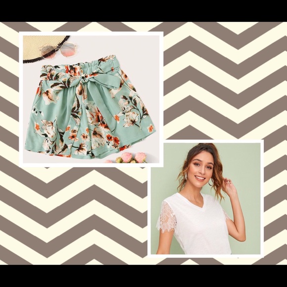 Mint Green Floral Belted Flowy Shorts - Picture 2 of 7